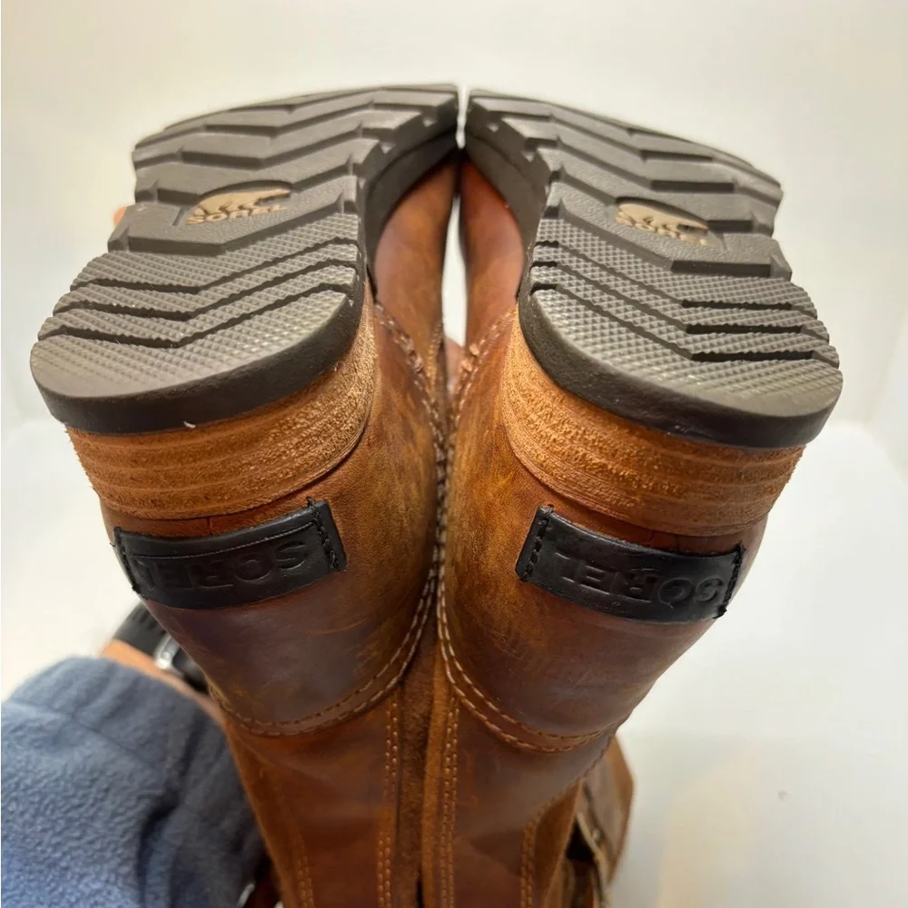 Sorel Major Pull On Mid-Calf Boots Womens 6.5 Brown Leather Moto Buckle Riding